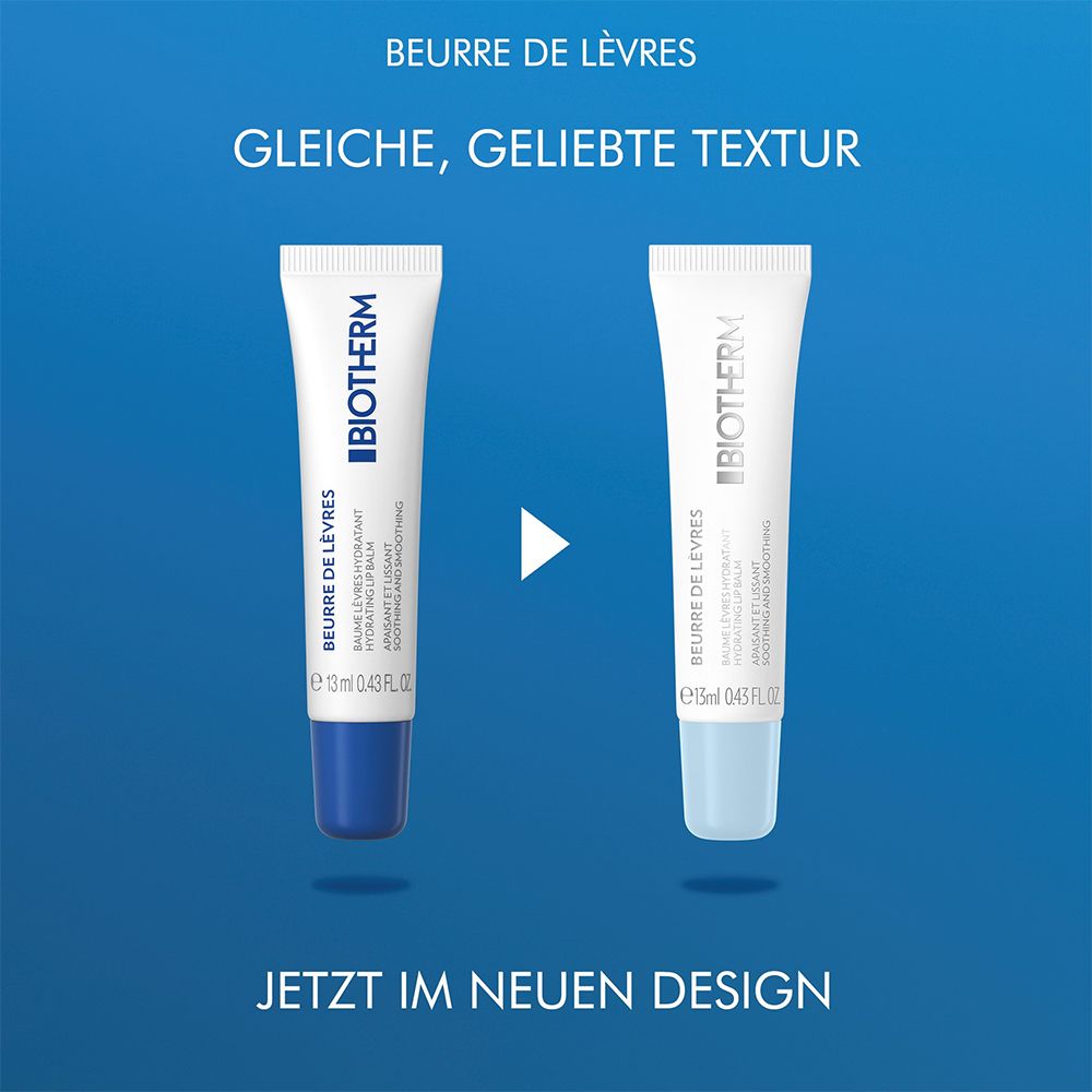 Deux tubes de baume à lèvres BIOTHERM nouveau design, un avec capuchon bleu, un transparent.