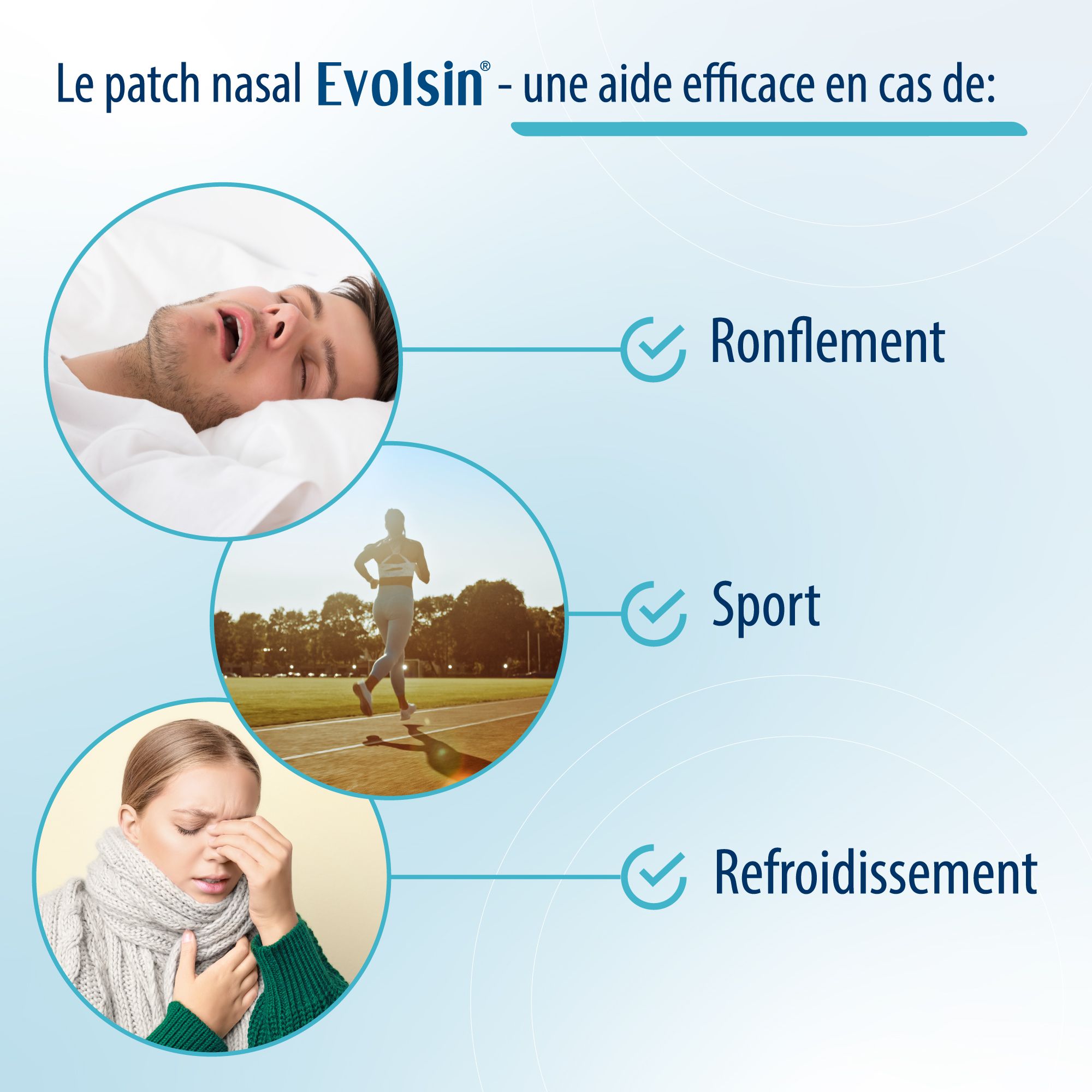 Comparaison : Bandes nasales Evolsin vs. autres produits. Texte : Dispositif médical certifié, extra fort, transparent.