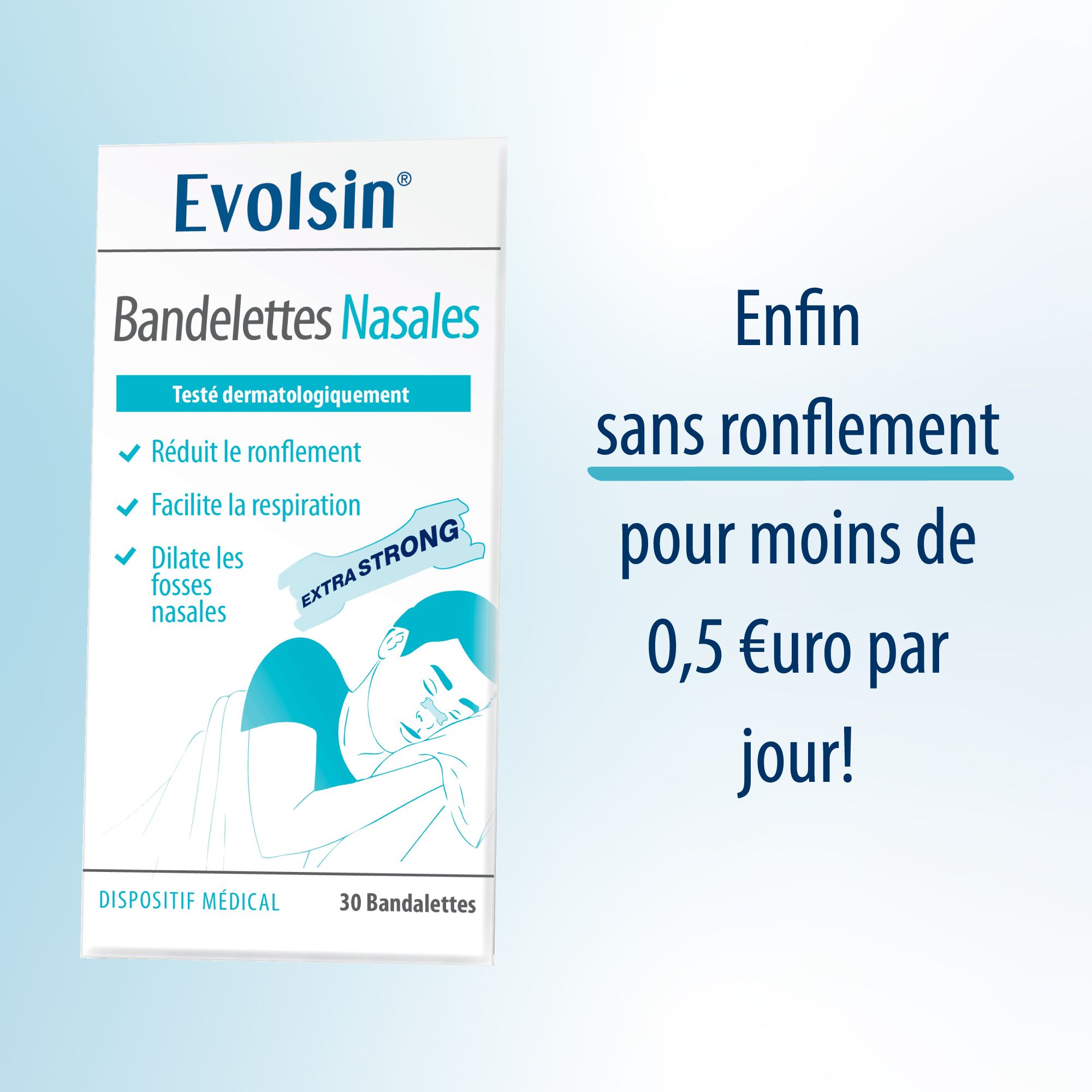 Graphique : Couple dormant paisiblement. Texte : Retrouvez enfin un sommeil commun et réparateur ! Grâce aux pansements nasaux Evolsin.