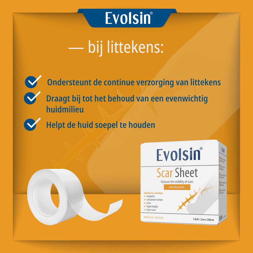 Evolsin littekenvel: Vermindert zichtbaarheid, verhevenheid, maakt huid soepel.