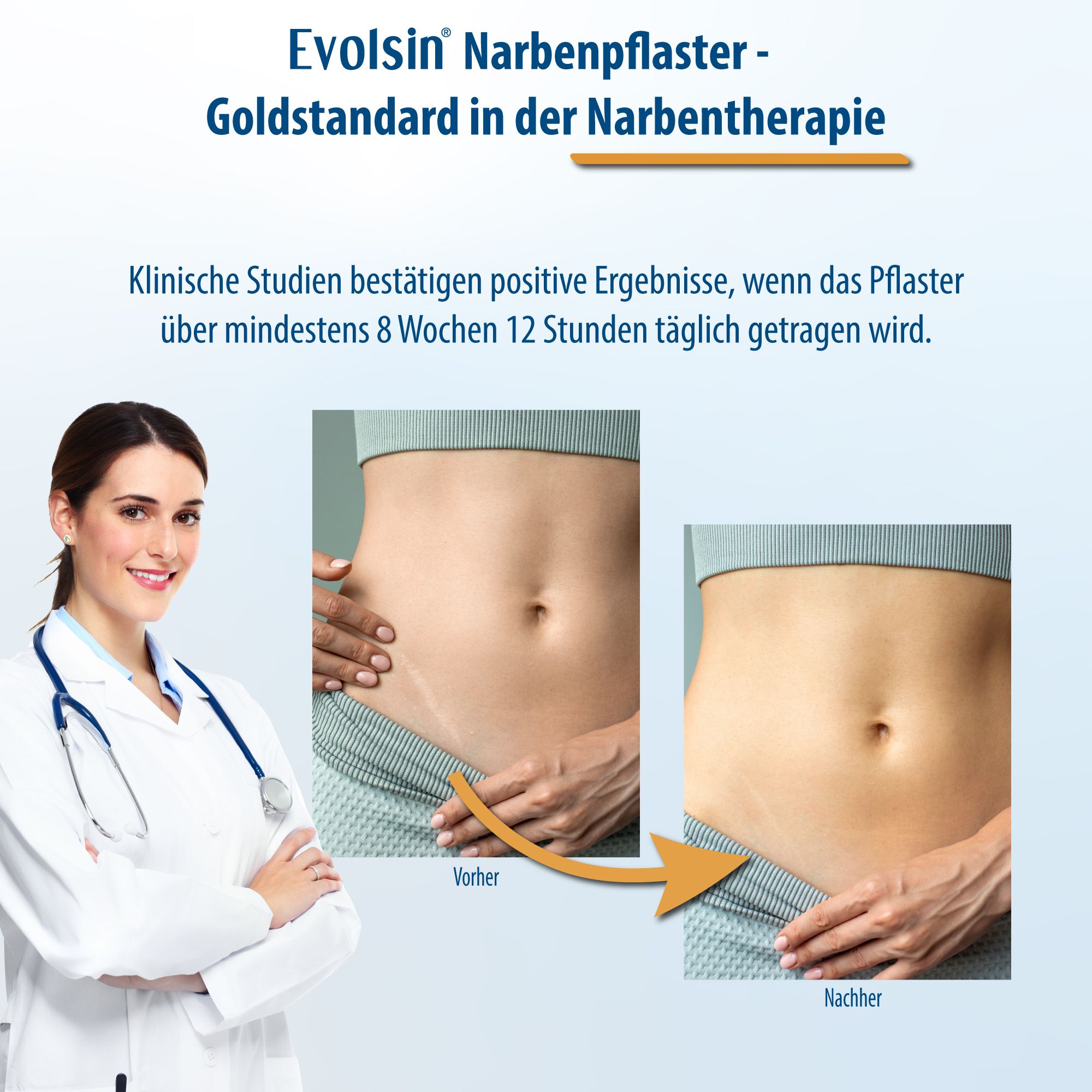 Médecin avec ventre. Avant-après montre la réduction des cicatrices. Texte: Evolsin, référence en traitement des cicatrices.