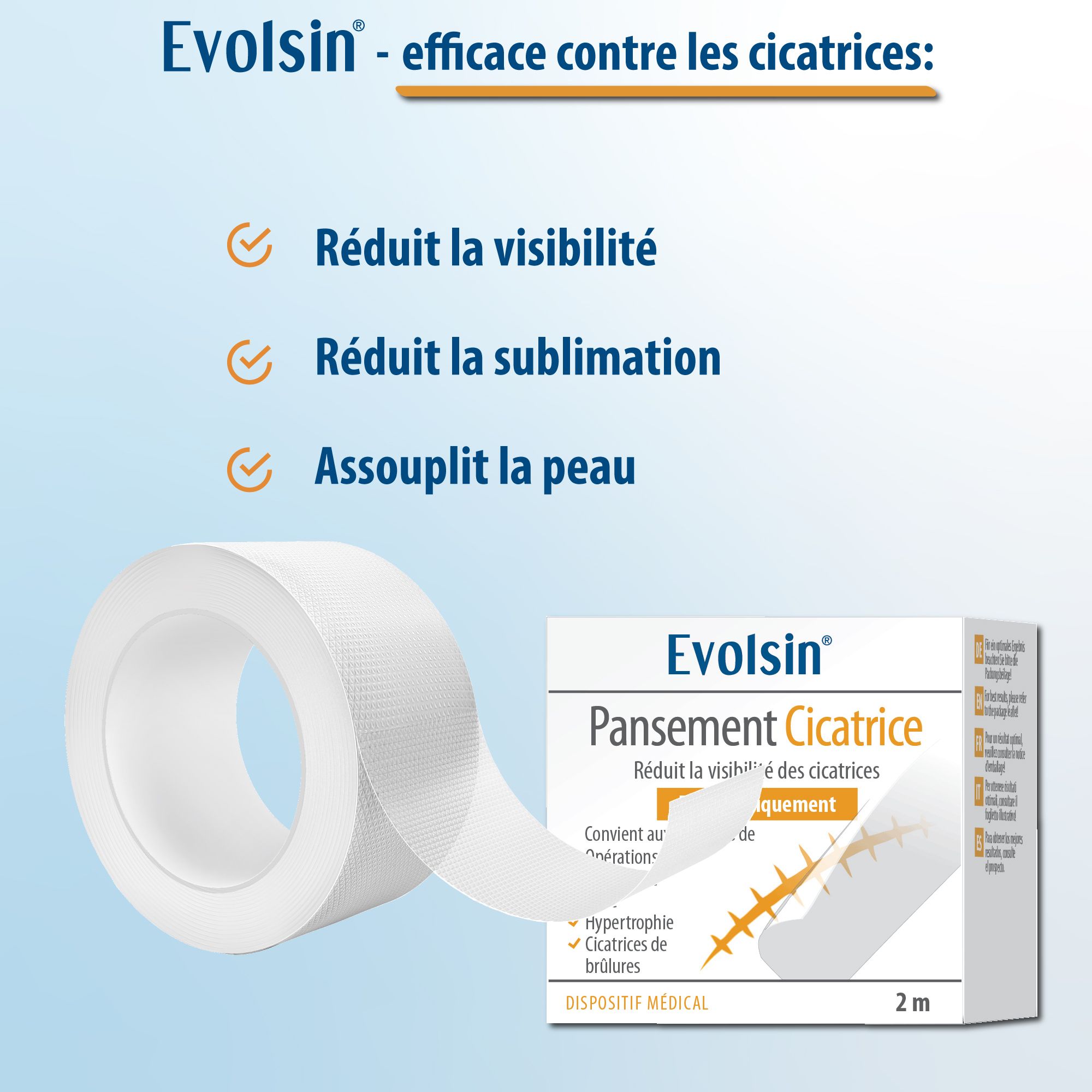 Emballage, rouleau de pansement. Texte: Evolsin, qualité convaincante. Cliniquement prouvé, certifié UE, transparent.