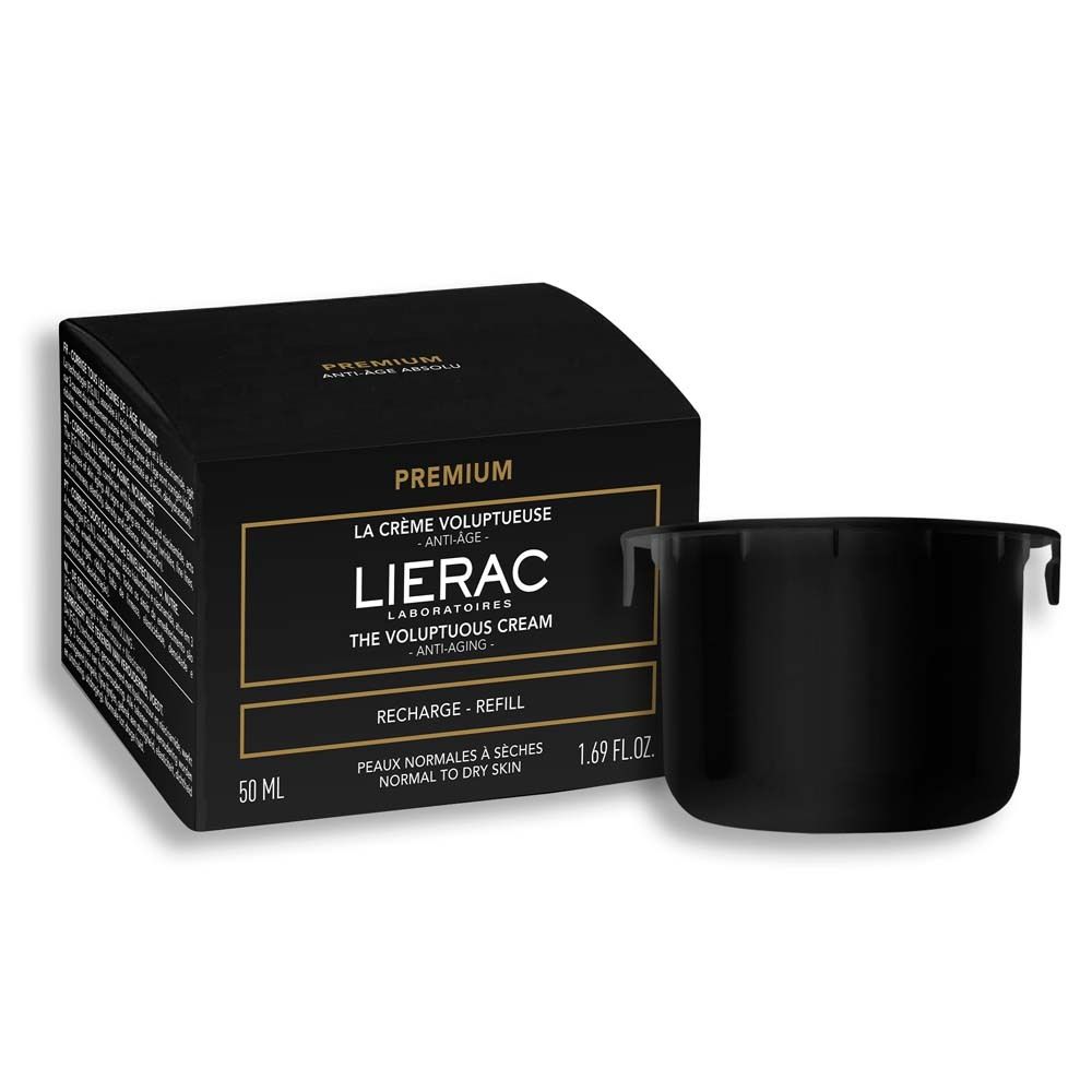 Zwarte productverpakking en navulverpakking. LIERAC, Premium, La Crème Voluptueuse, 50 ml. Voor normale tot droge huid.