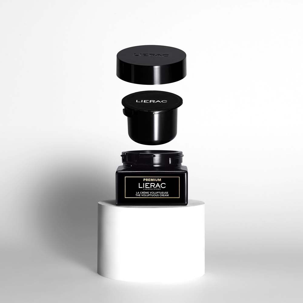 Productonderdelen: crème pot, deksel en navulling. LIERAC, Premium, La Crème Voluptueuse.