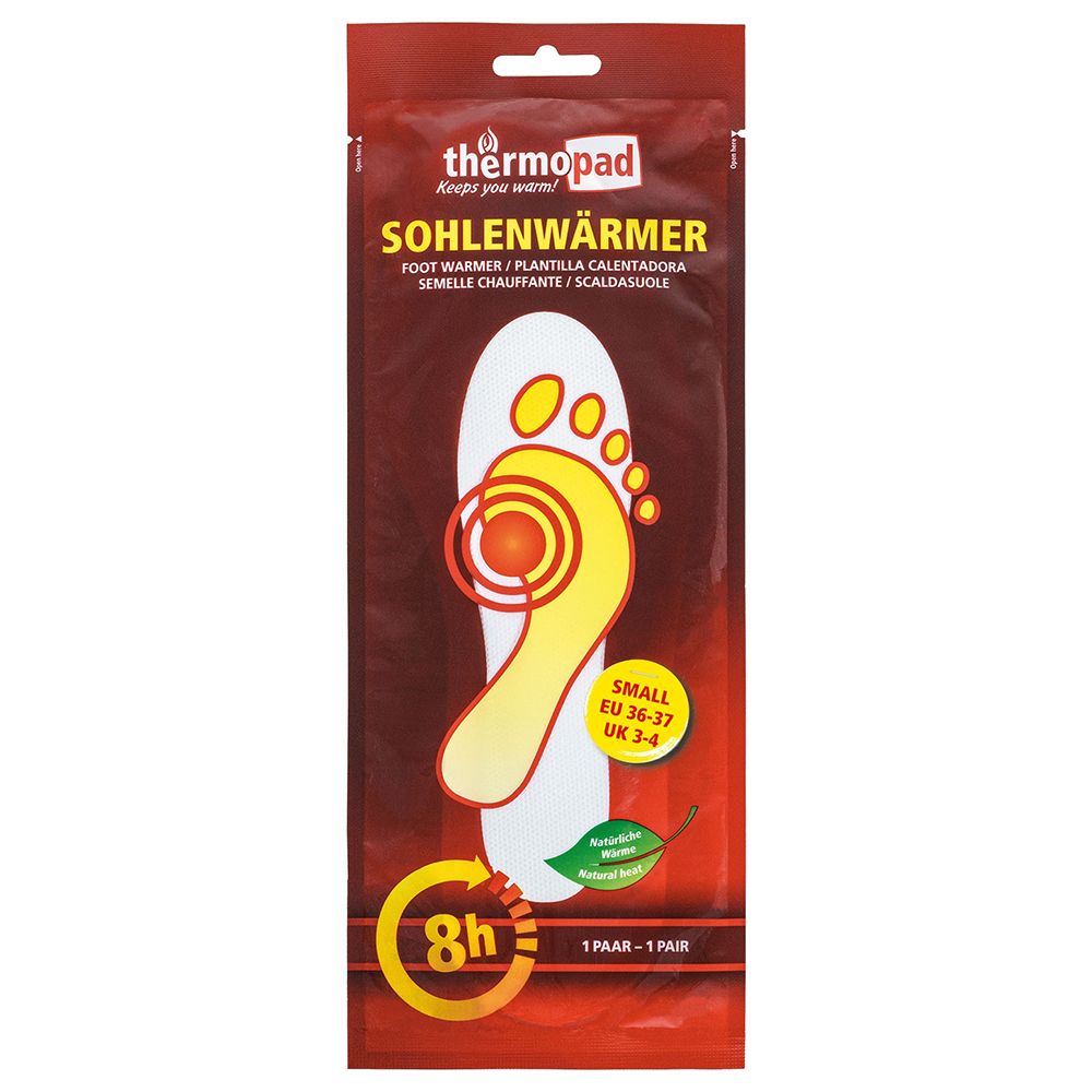 Verpakking met zoolverwarmers. Gele binnenzool met voetafdruk en rode markering. Tekst: thermopad, Sohlenwärmer, 8h, 1 paar.