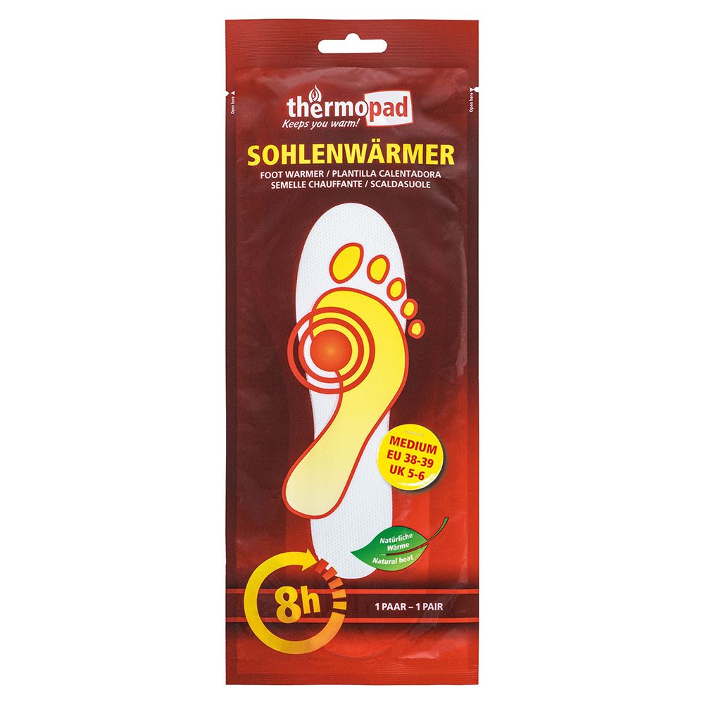 Verpakking met thermopad® zoolwarmers. Gele binnenzool met voetafdruk en rode markering. 8h-symbool.