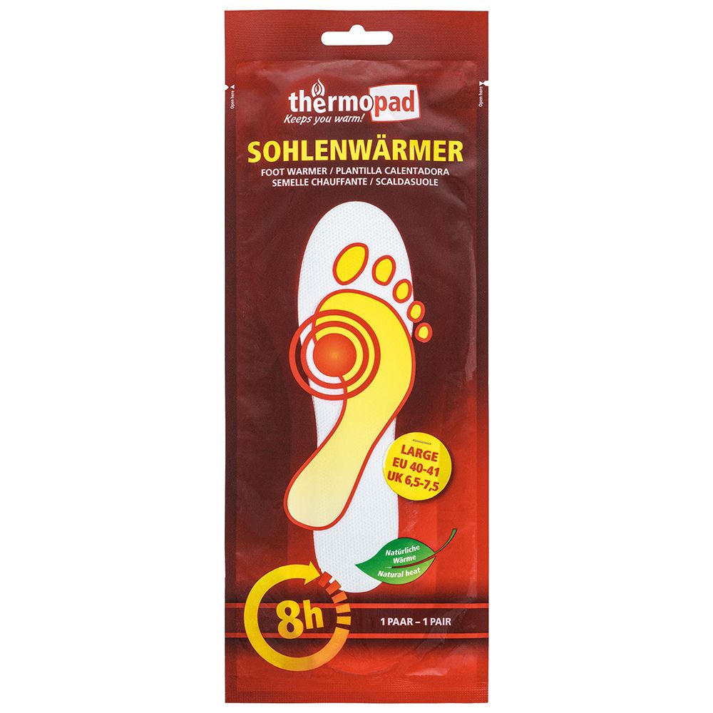 Emballage de thermopad® Sohlenwärmer. Forme de pied jaune avec cercle rouge. Texte: Sohlenwärmer, 8h, EU 40-41, 1 paire.