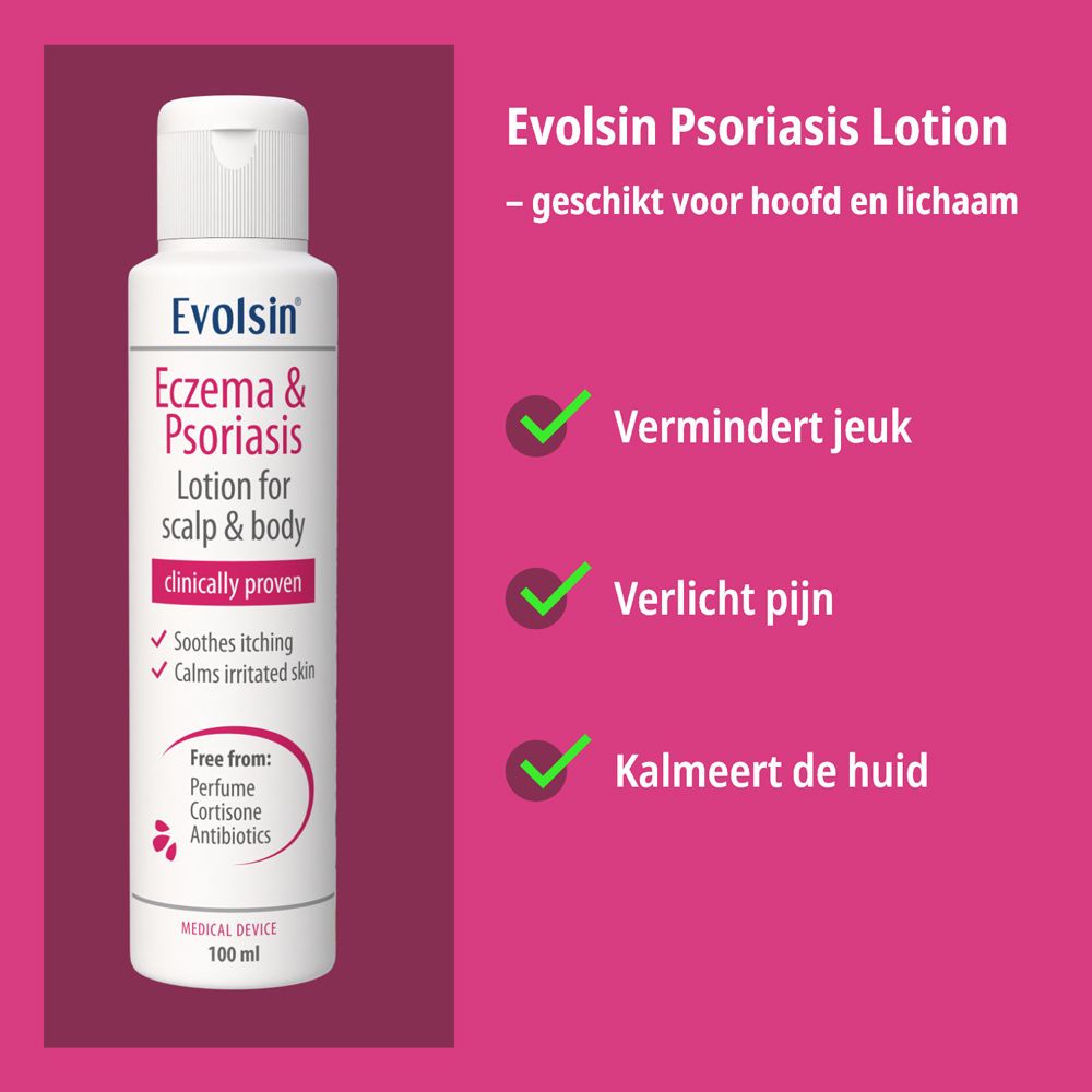 Evolsin lotionfles met indicaties voor de behandeling van psoriasis.