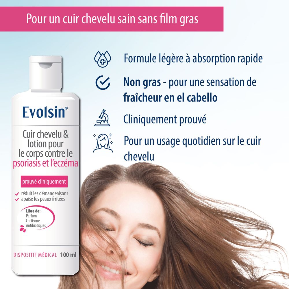 Bouteille de lotion Evolsin avec informations sur les ingrédients et l'utilisation.