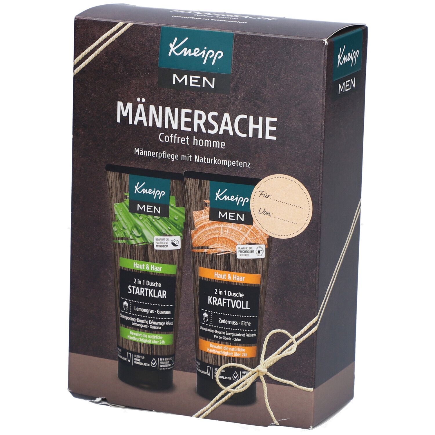 Coffret Kneipp MEN Männersache avec deux gels douche. Inscription: Startklar et Kraftvoll.