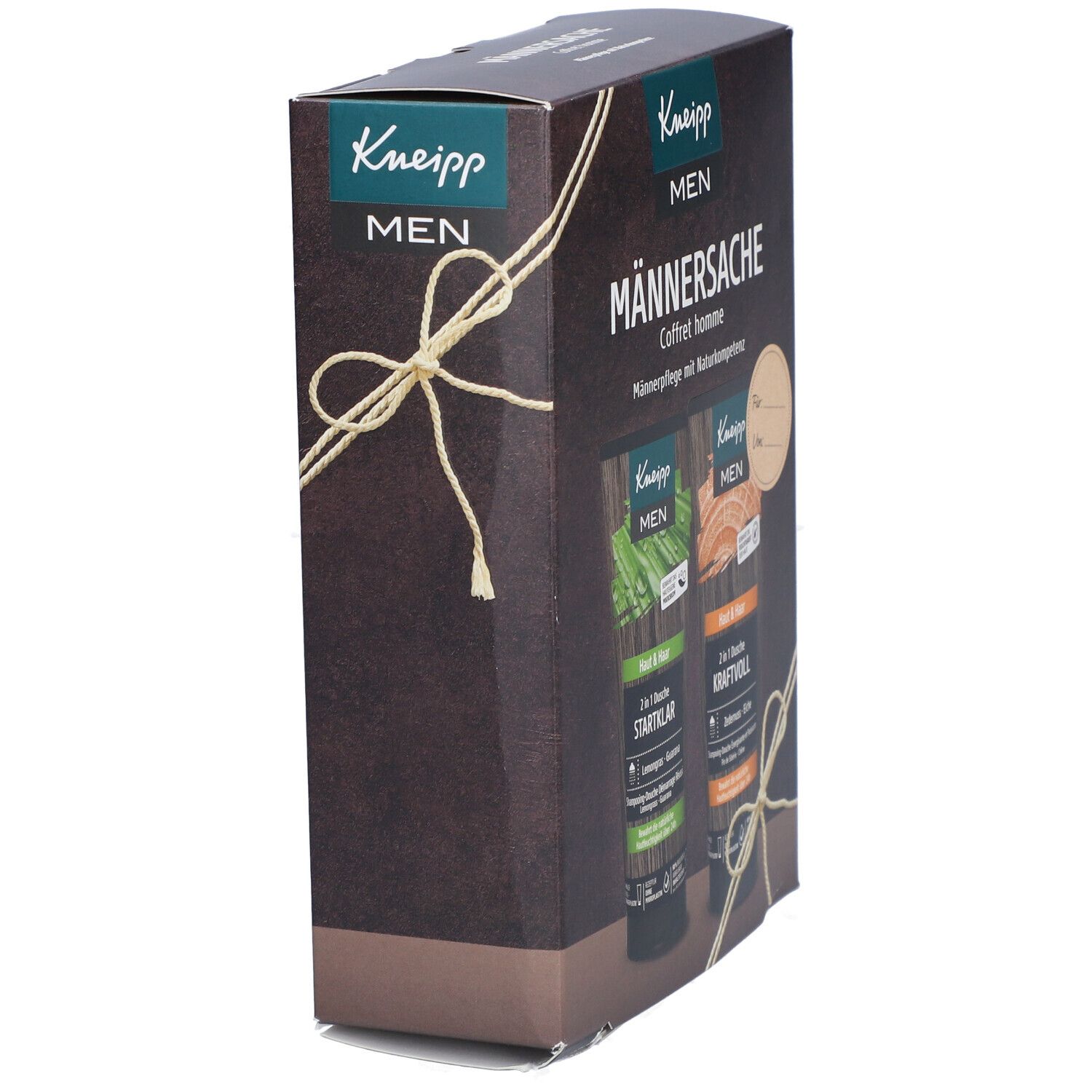Vue latérale du coffret Kneipp MEN Männersache. Avec cordon et nœud. Contient deux gels douche.