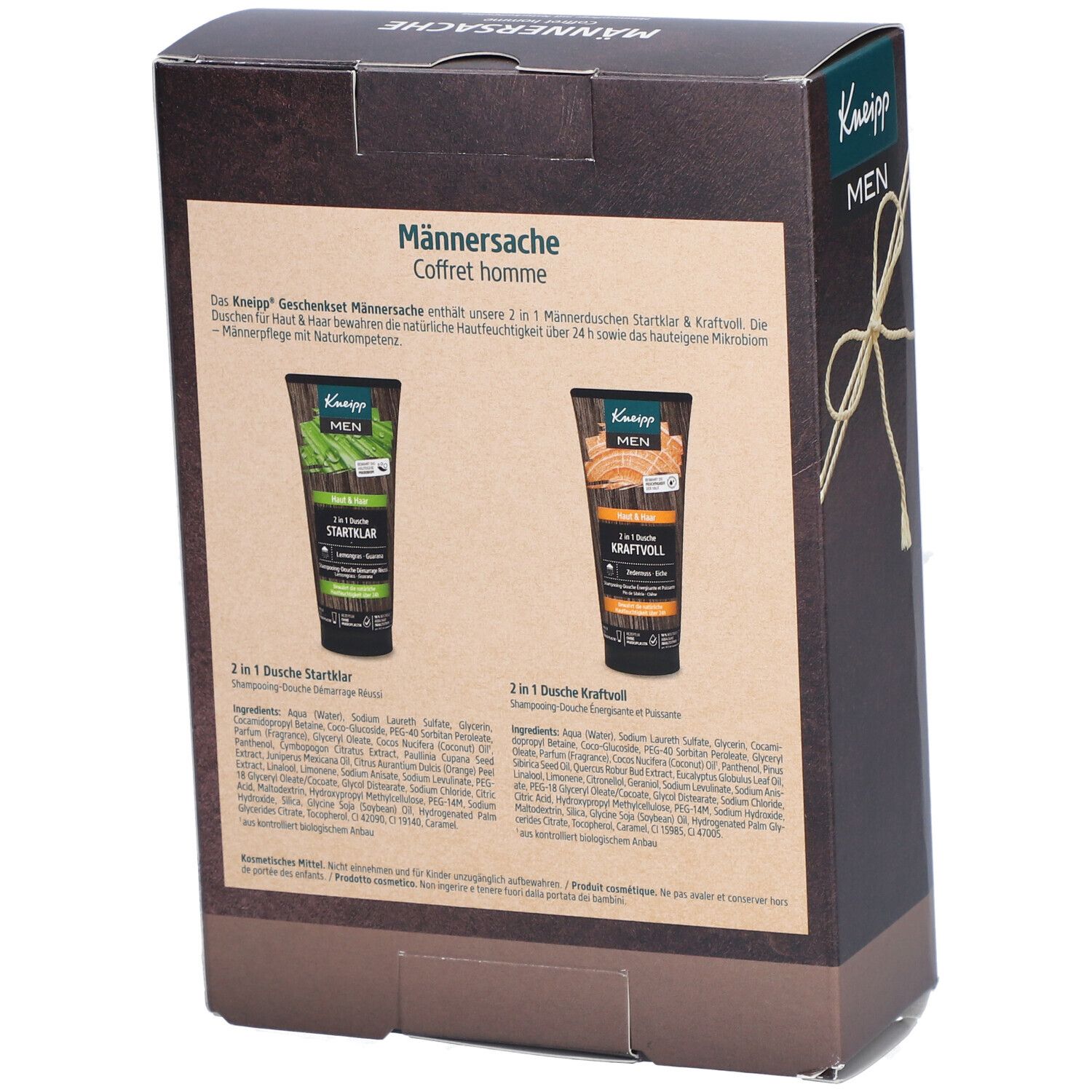 Dos du coffret Kneipp MEN Männersache. Texte en allemand. Contient deux gels douche.