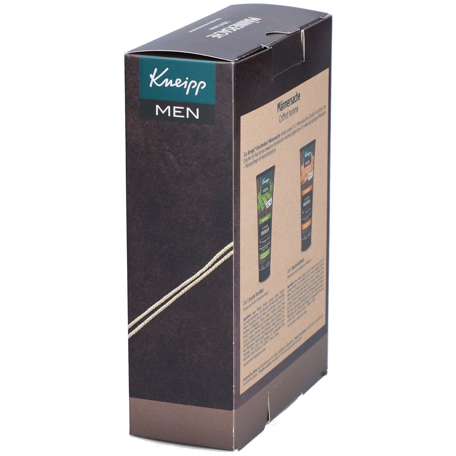 Coffret Kneipp MEN Männersache, vue en biais. Avec cordon. Contient deux gels douche.