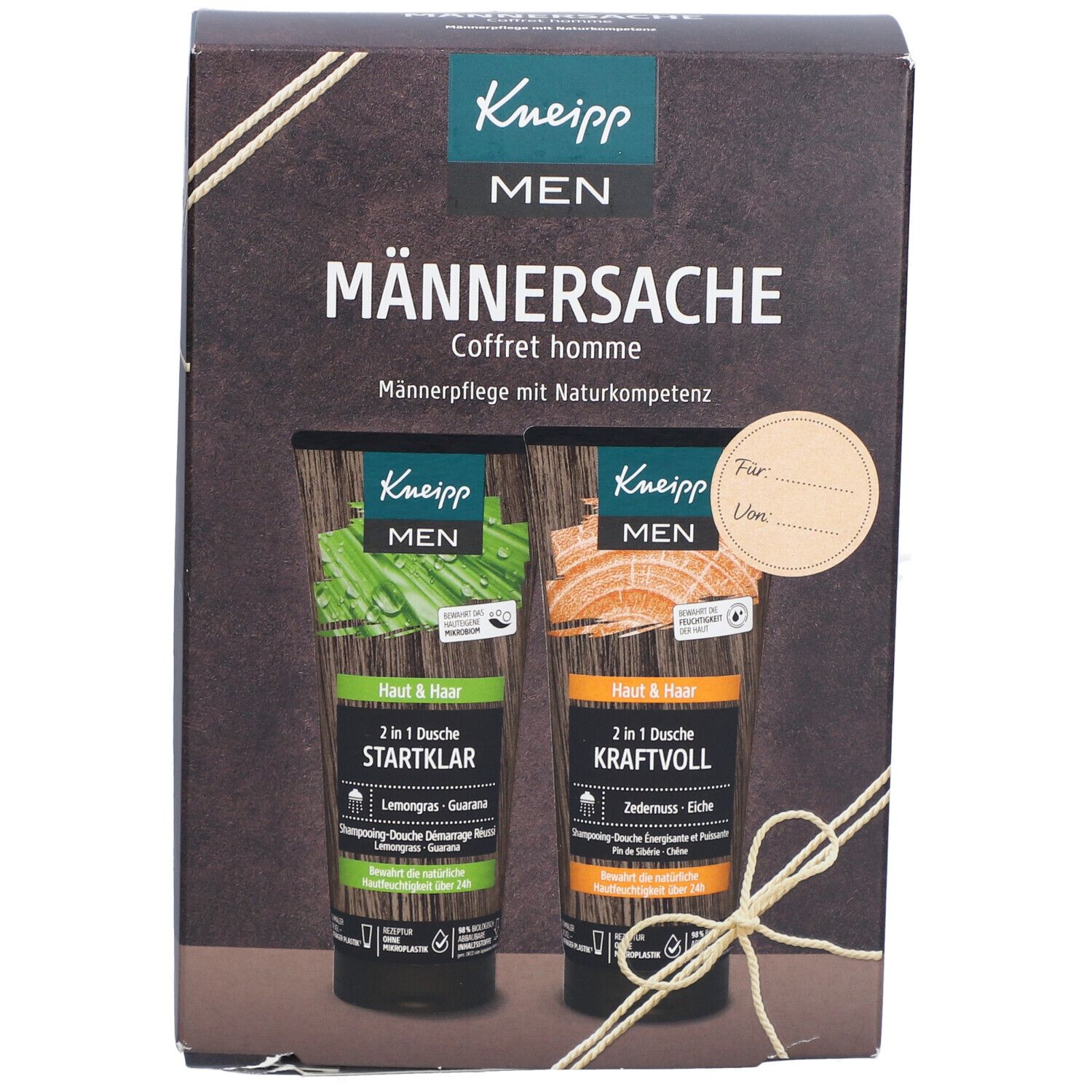 Coffret Kneipp MEN Männersache avec deux gels douche. Avec nœud et étiquette.