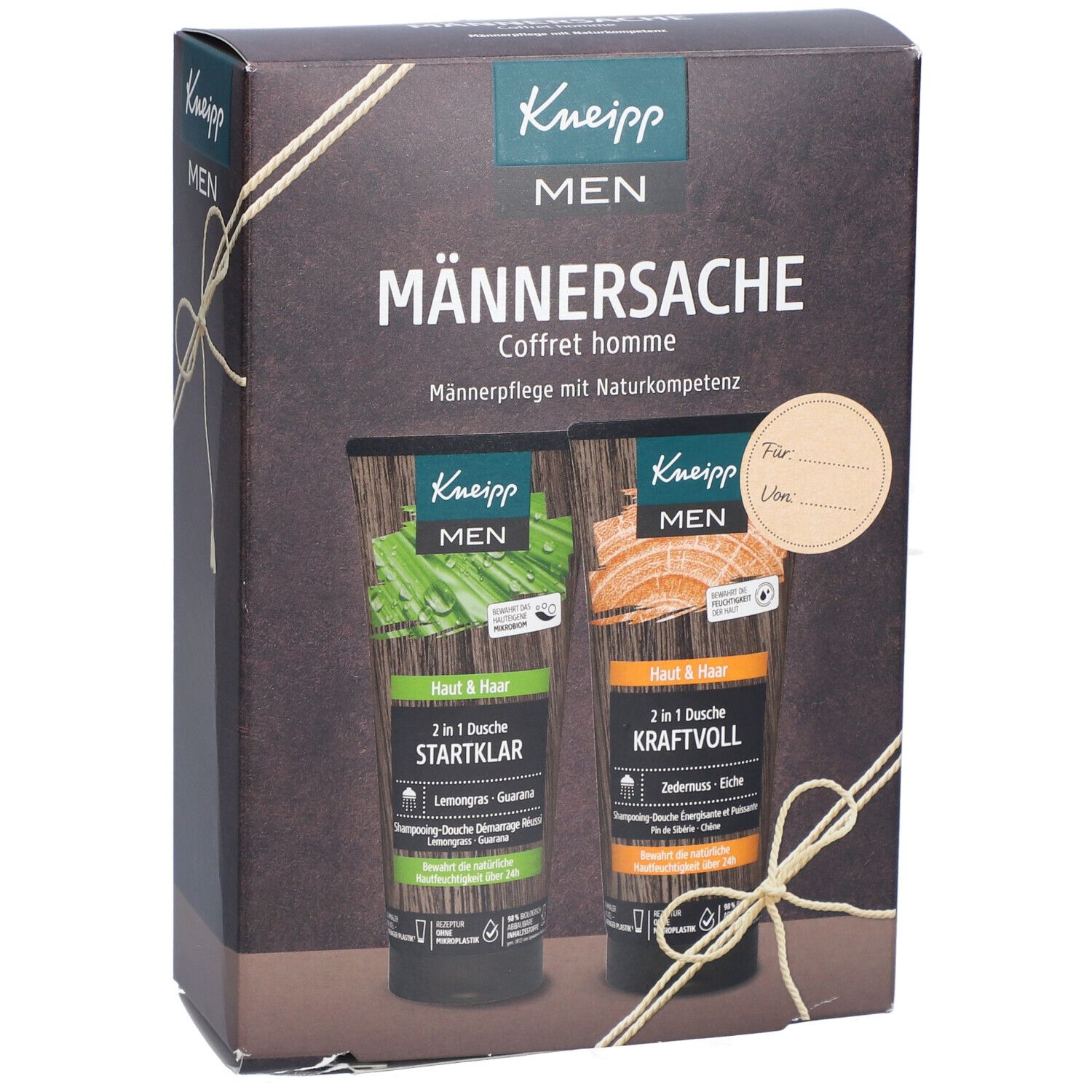 Coffret Kneipp MEN Männersache avec deux gels douche. Avec nœud et étiquette.