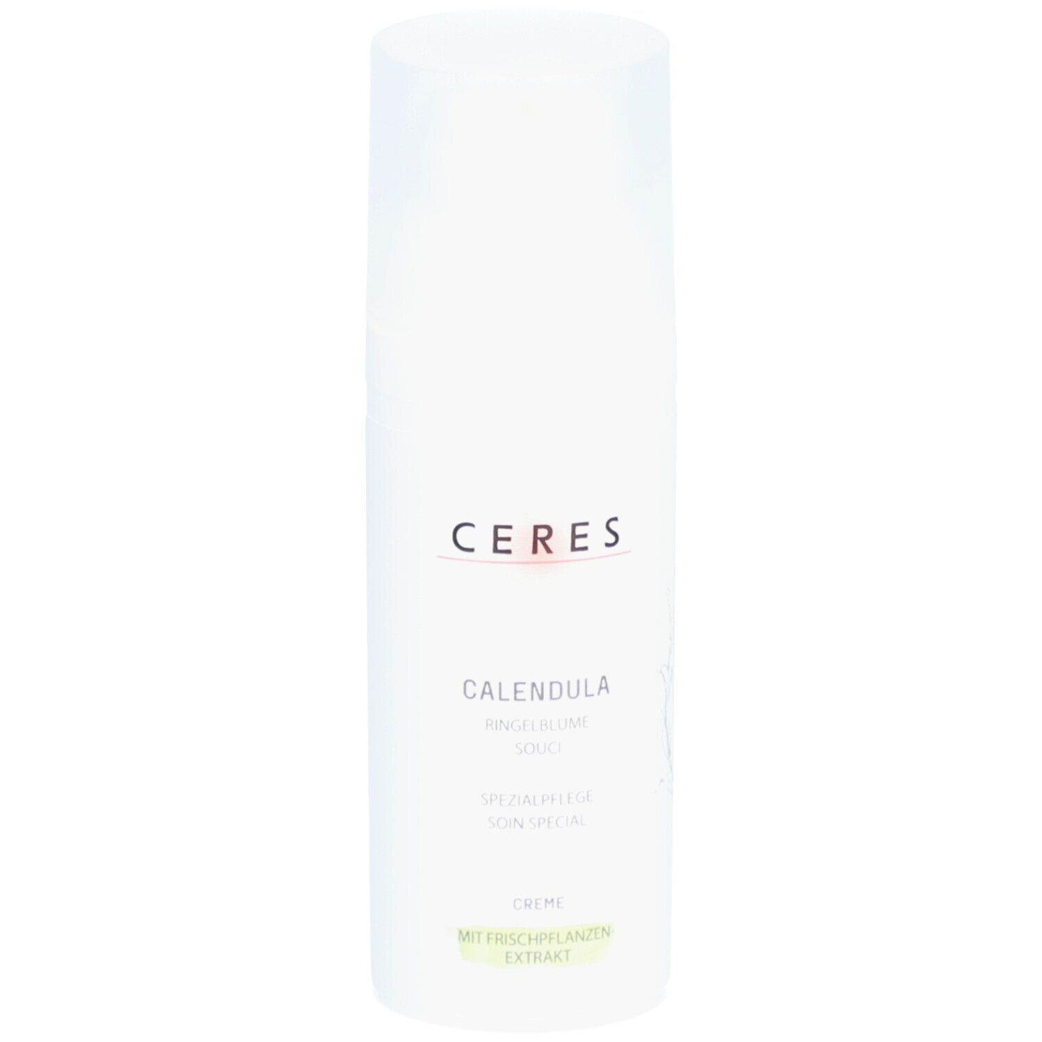 Witte crèmetube met CERES-logo en productnaam CALENDULA. Tekst: Goudsbloem, Speciale verzorging, Crème.