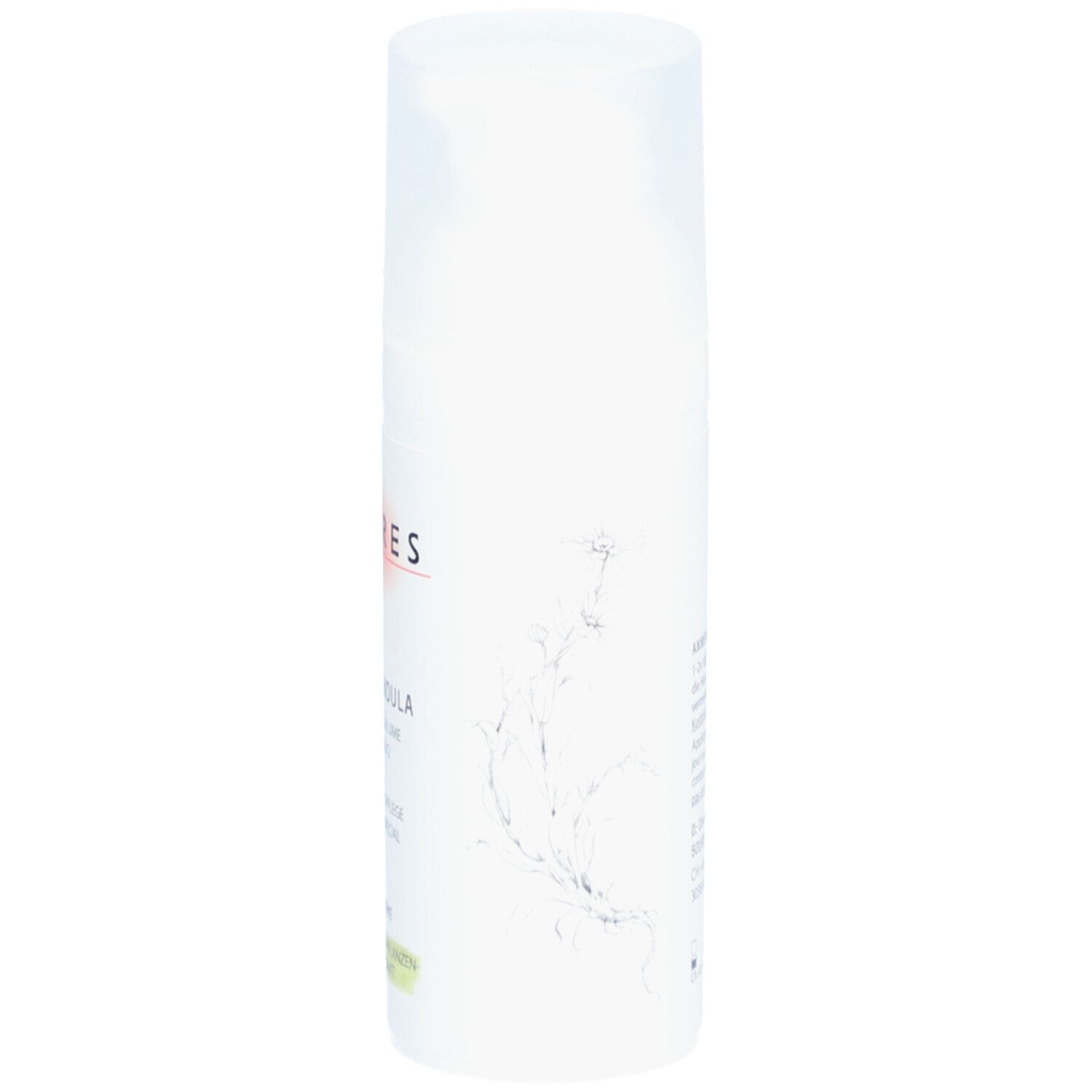 Witte crèmetube, zijaanzicht. Tekst en decoratieve plantentekening. Adres fabrikant en logo's.