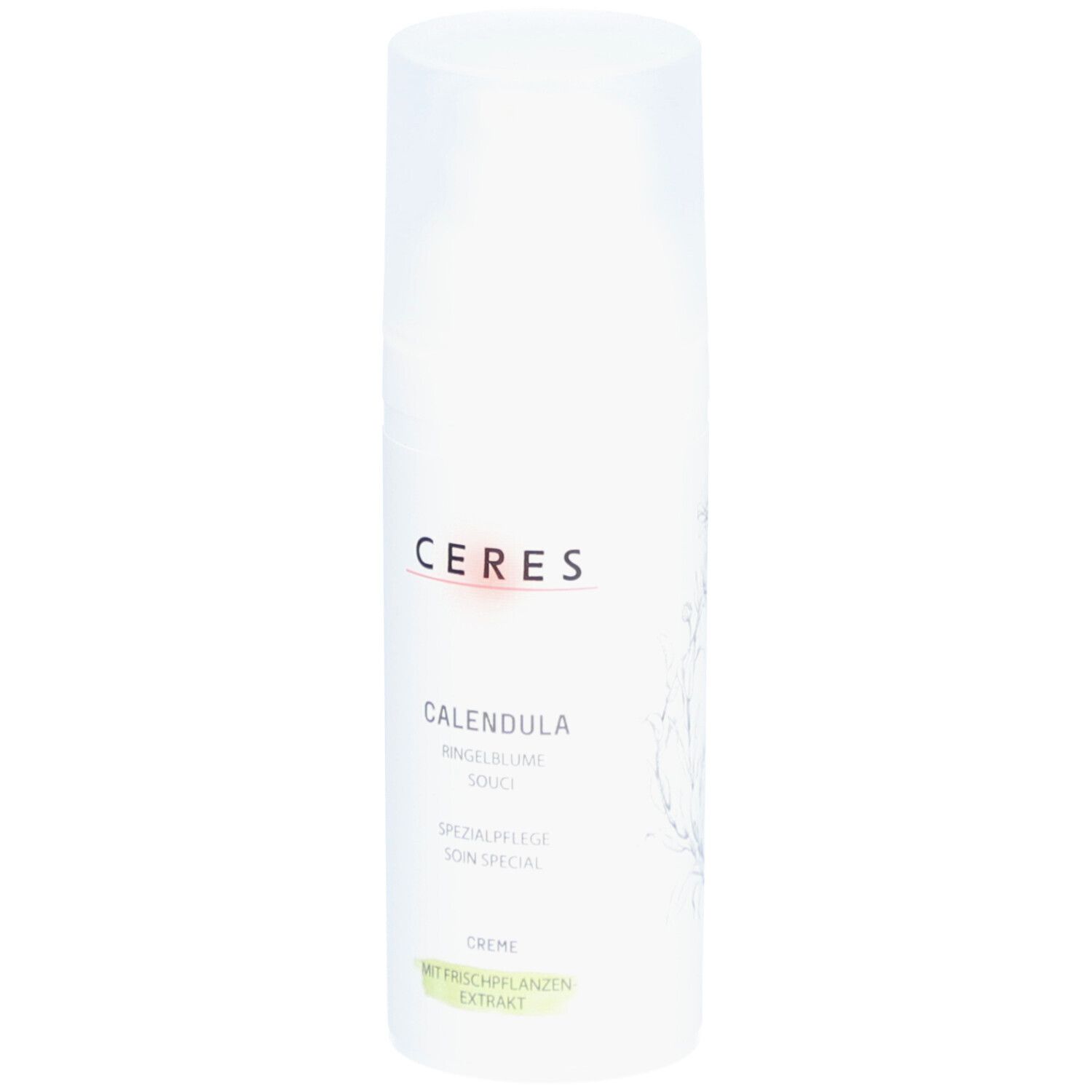 Witte crèmetube met CERES-logo en productnaam CALENDULA. Tekst: Goudsbloem, Speciale verzorging, Crème.