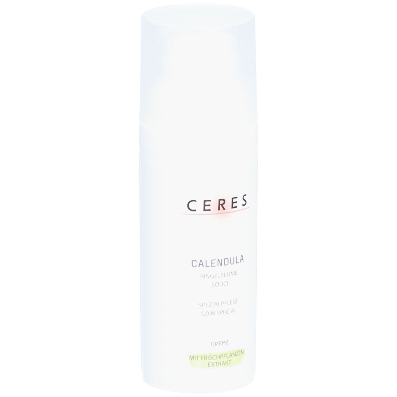 Witte crèmetube met CERES-logo en productnaam CALENDULA. Tekst: Goudsbloem, Speciale verzorging, Crème.