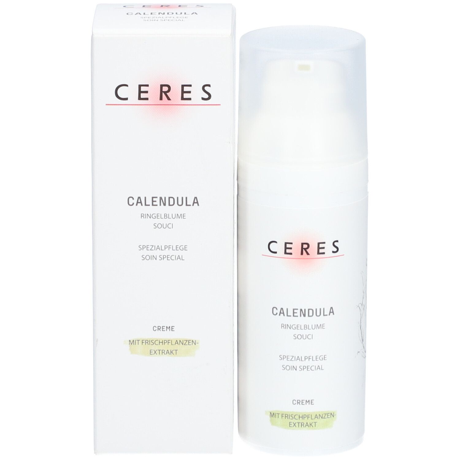 Productverpakking: crèmetube en doos. Beide met CERES-logo en productnaam CALENDULA. Tekst: Goudsbloem, Speciale verzorging.
