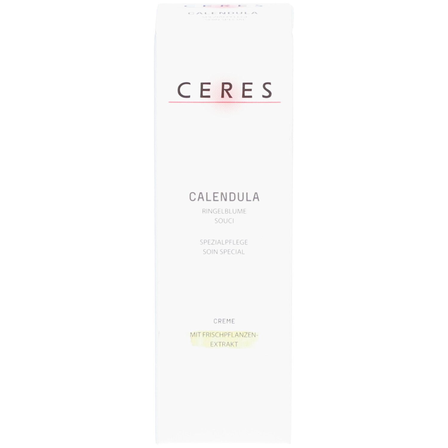 Kartonnen verpakking met CERES-logo en productnaam CALENDULA. Tekst: Goudsbloem, Speciale verzorging, Crème.