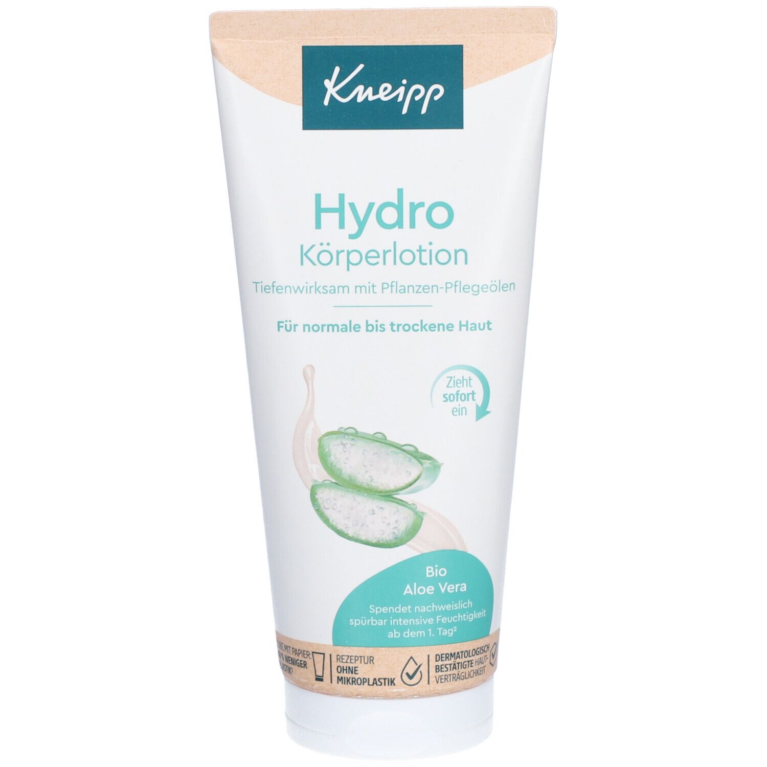 Kneipp Hydro Körperlotion Aloe Vera. Witte tube met groene tekst. Aloë vera-illustratie. Dermatologisch getest.