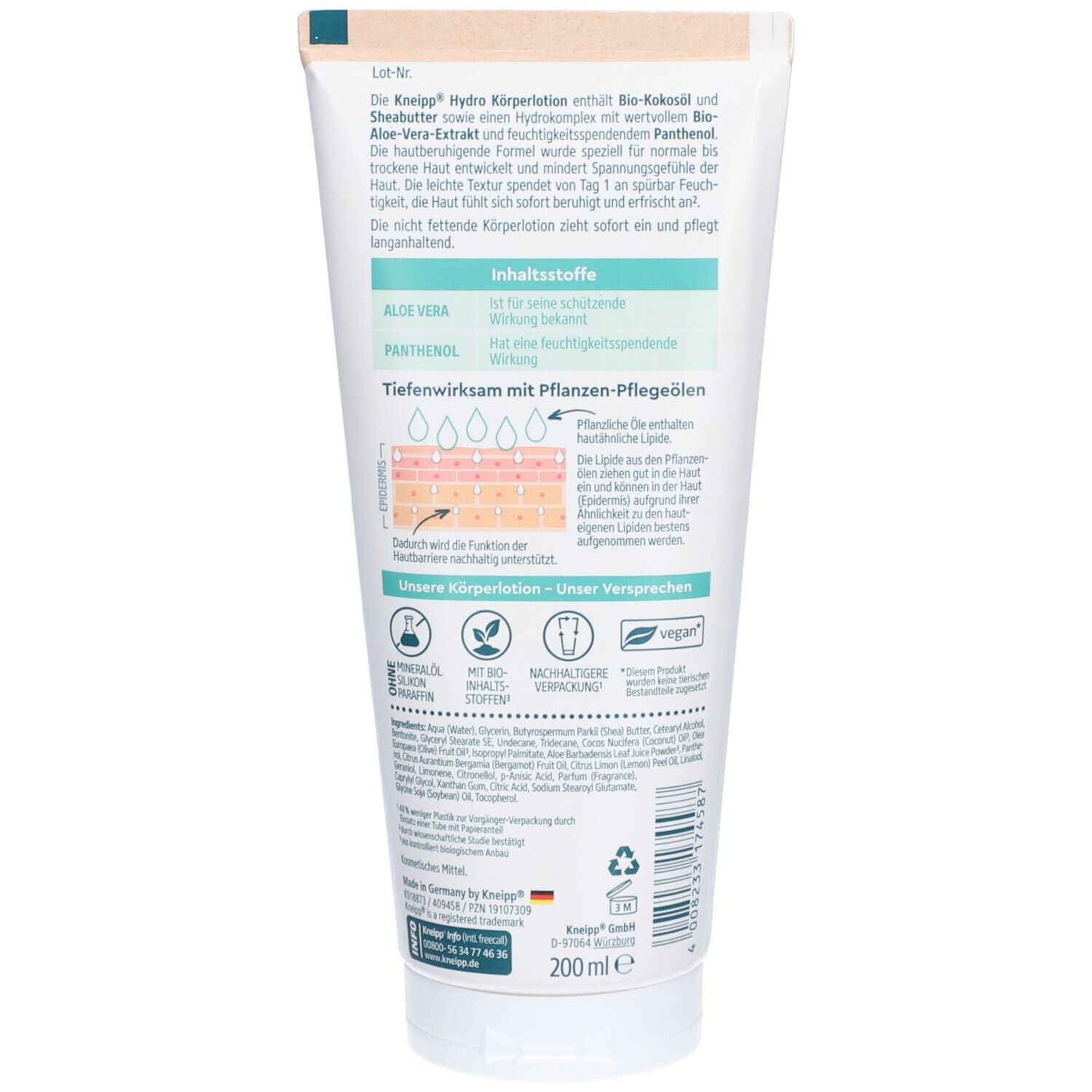 Achterkant van Kneipp Hydro Körperlotion Aloe Vera. Tekstinformatie, ingrediënten, certificeringen en logo.