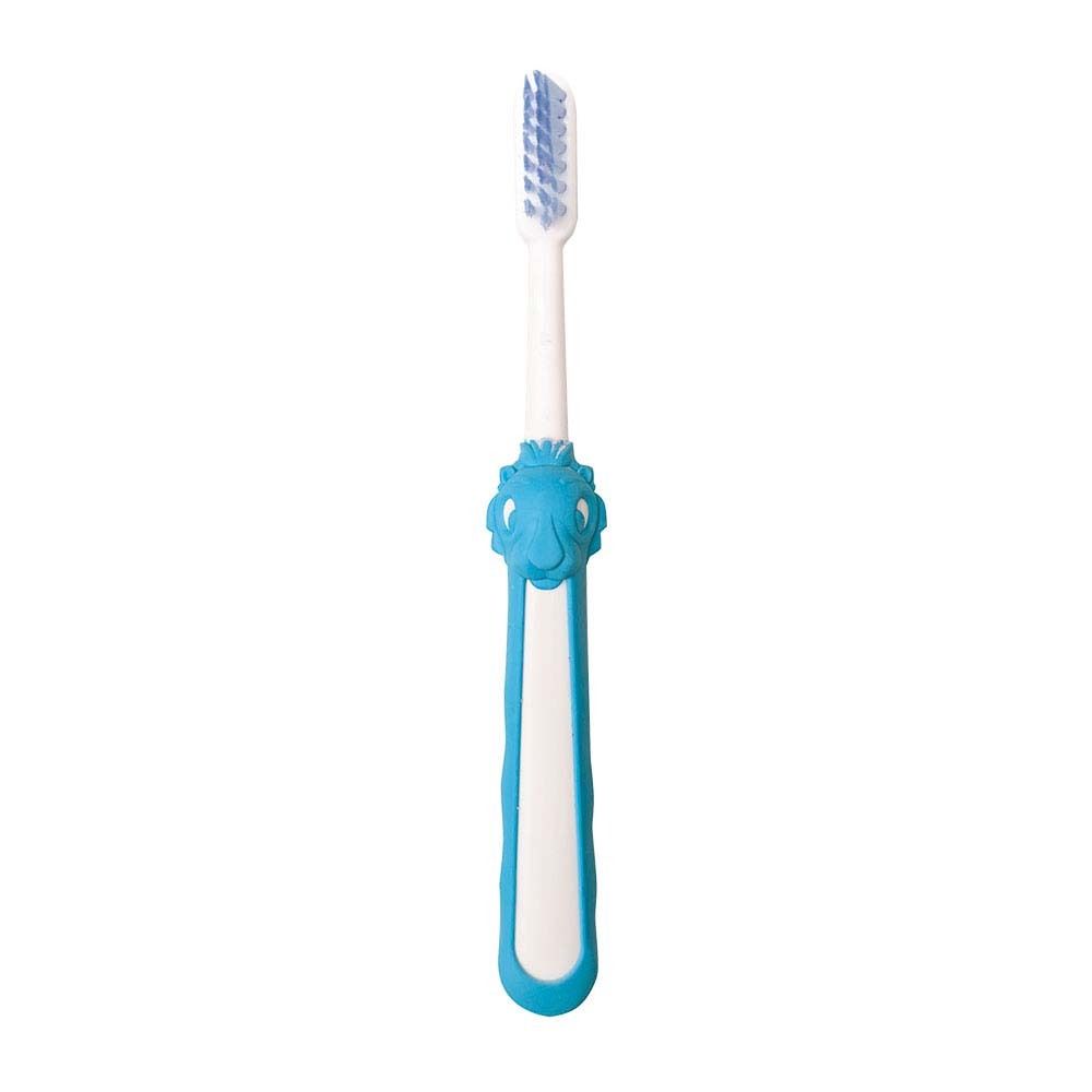 Blauwe kindertandenborstel met witte handgreep. Handgreep met leeuwenontwerp. Borstelharen wit-blauw. Voor kinderen.