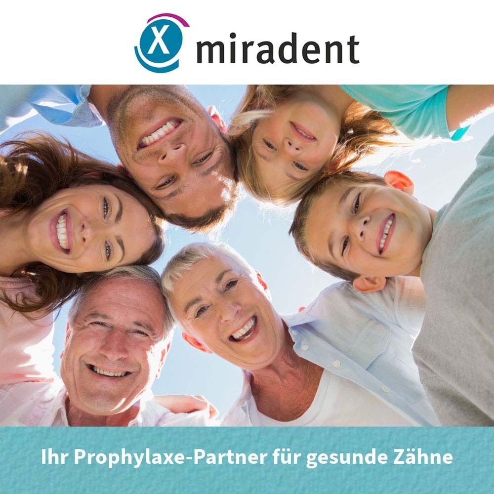 Familie lacht in de camera. Logo Miradent. Tekst: Uw profylaxepartner voor gezonde tanden.
