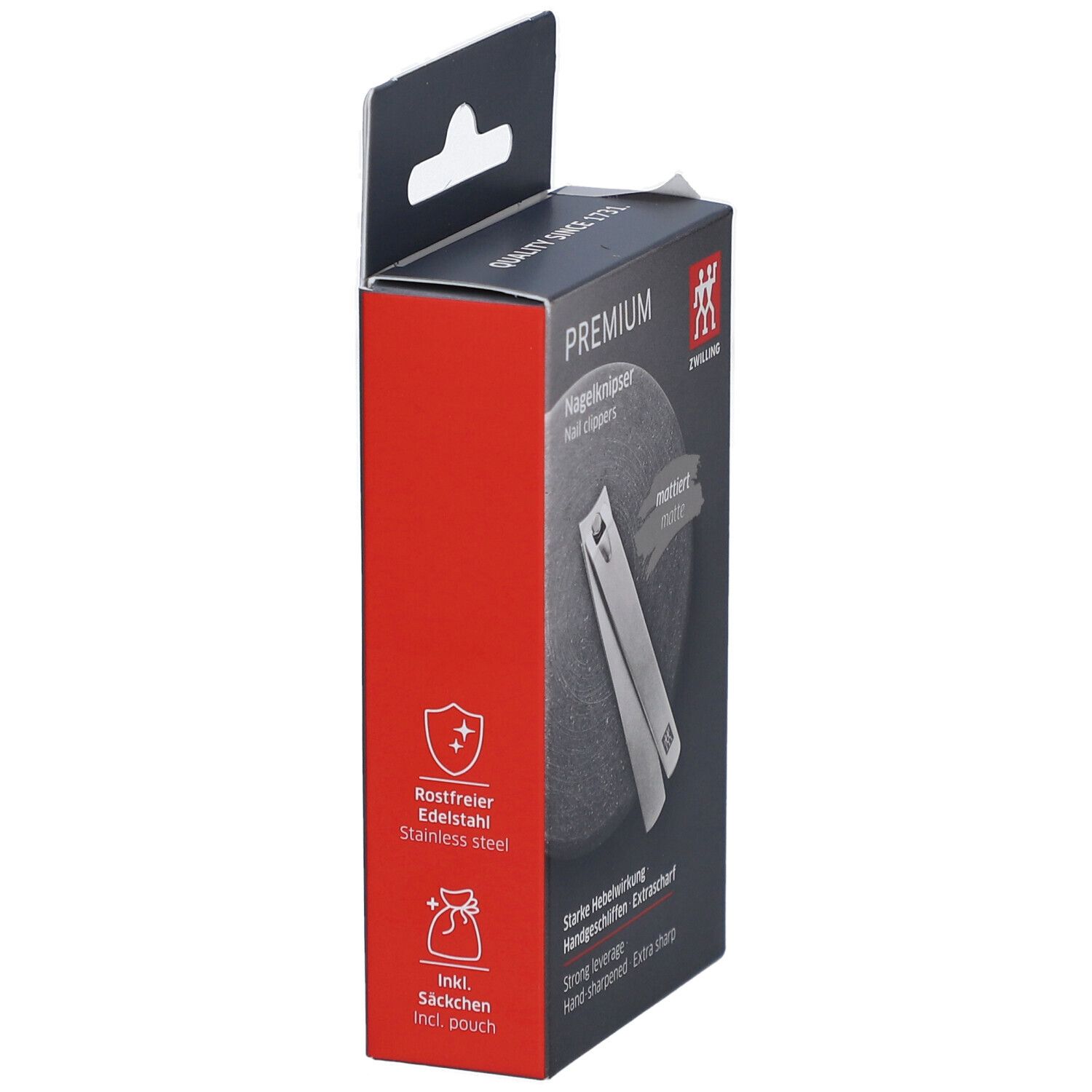 Emballage du coupe-ongles. Marque ZWILLING. Inscriptions: PREMIUM, acier inoxydable, incl. pochette.