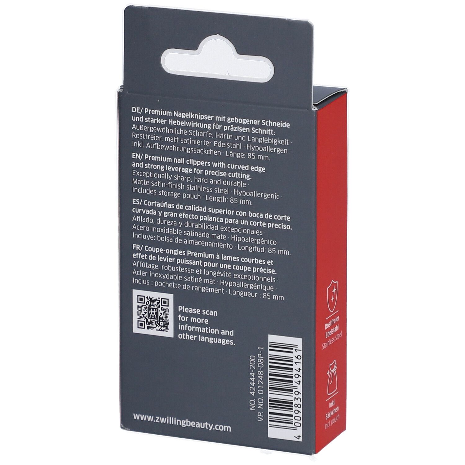 Dos de l'emballage. Description du produit en allemand, anglais, espagnol et français. Longueur: 85 mm.