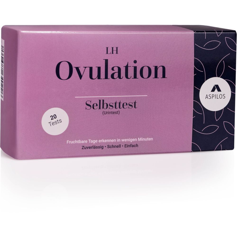 Boîte rose avec texte LH Ovulation Selbsttest. 20 tests. Marque ASPILOS.