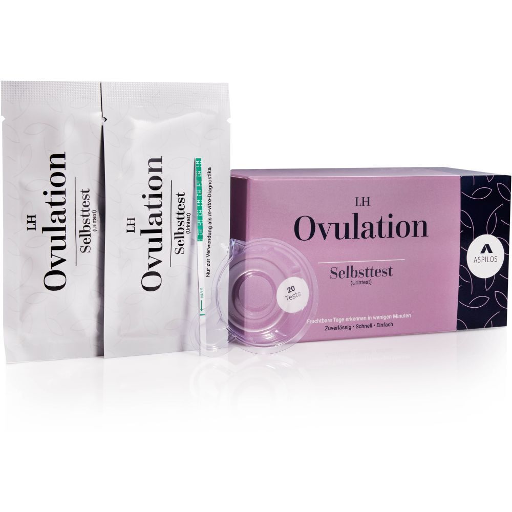 Paquet de tests d'ovulation, bandelettes et récipients. Marque ASPILOS.