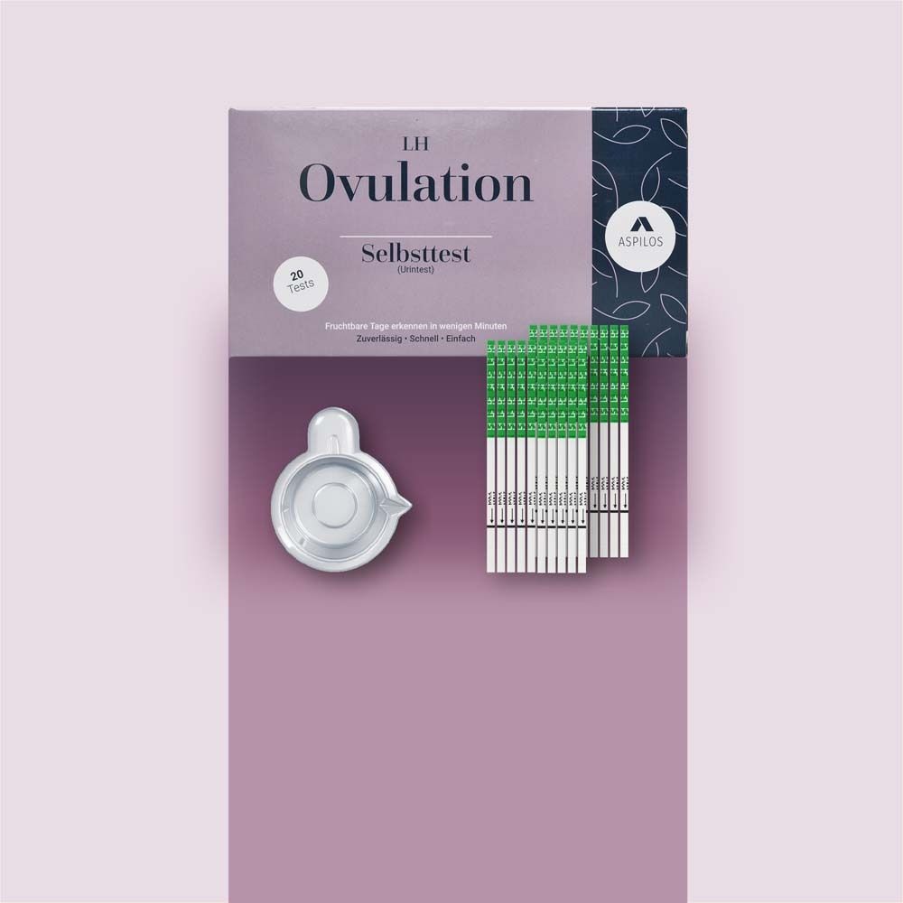 Paquet de test d'ovulation, bandelettes et récipient. Logo ASPILOS.