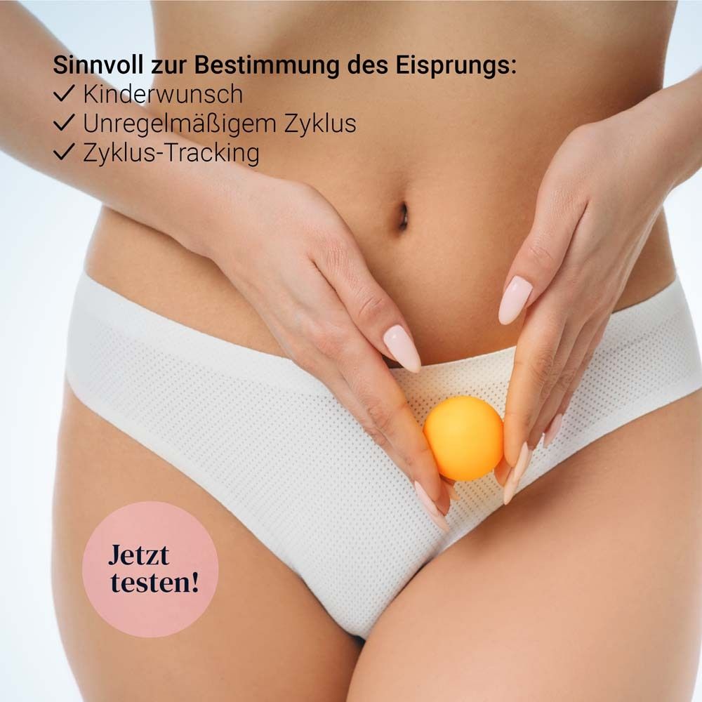 Femme en sous-vêtements tenant une boule. Texte: Testez maintenant!