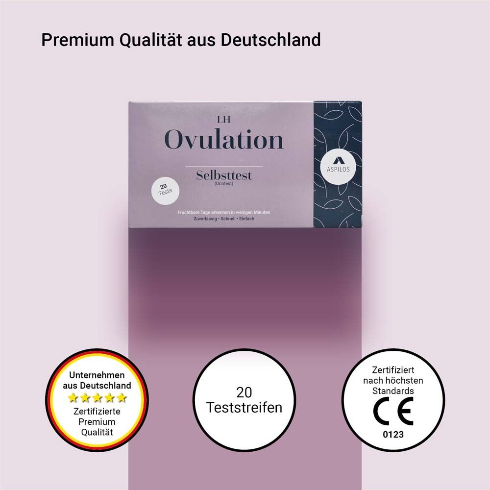 Boîte de test d'ovulation. Texte: Qualité premium d'Allemagne. Marque CE.