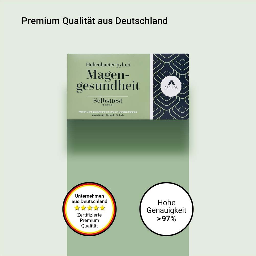 Product met tekst 'Premium Qualität aus Deutschland'. Logo en tekst 'Hohe Genauigkeit >97%'.