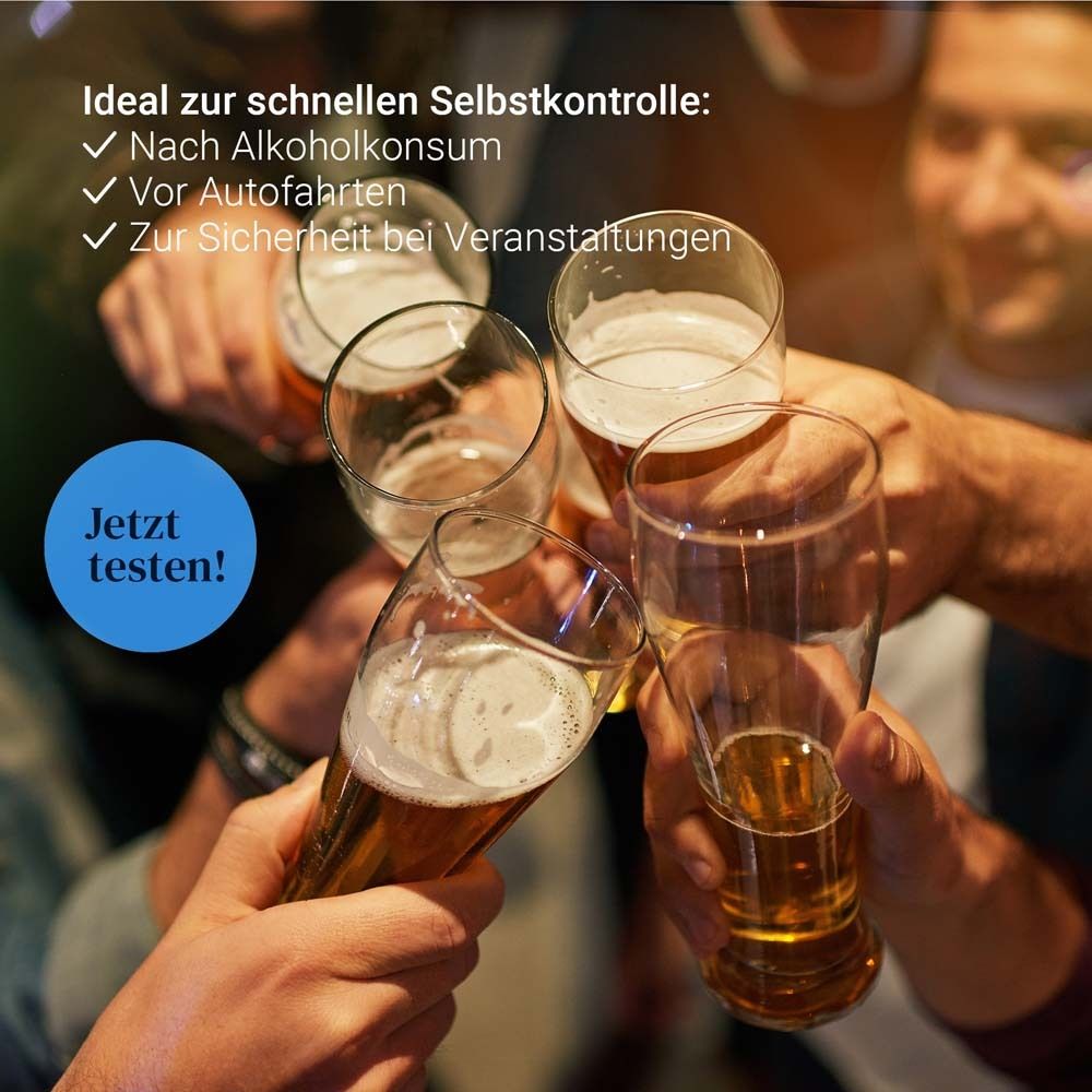 Handen met bierglazen proosten. Tekst: Ideaal voor snelle zelftest. Na alcoholgebruik, voor autorijden.