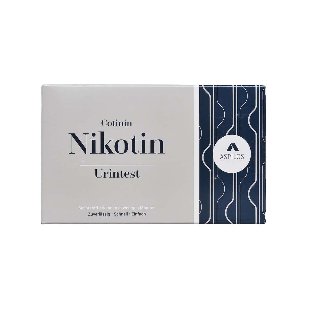 Doos met tekst Cotinine Nicotine Urinetest. ASPILOS-logo. Grijze en blauwe kleurstelling.