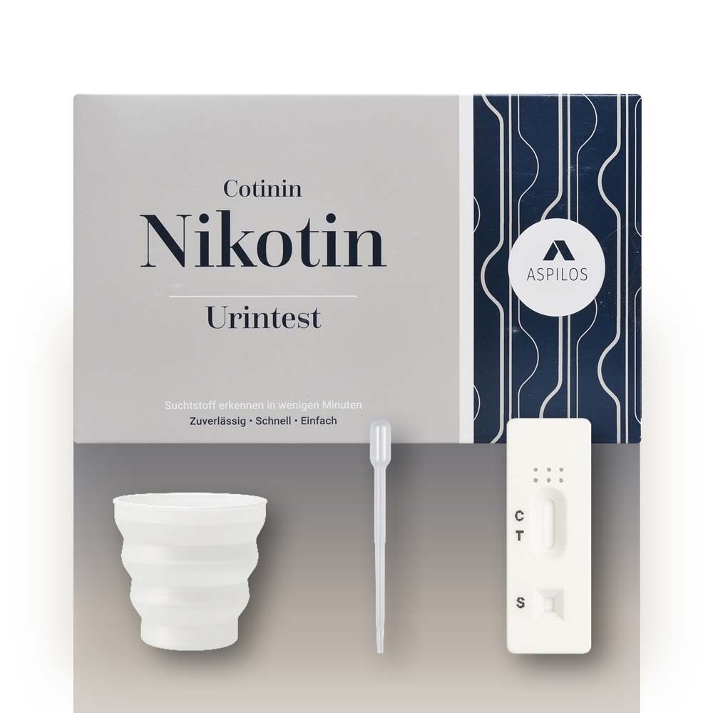 Testkit met teststrip, beker en pipet. Tekst Cotinine Nicotine Urinetest. ASPILOS-logo.