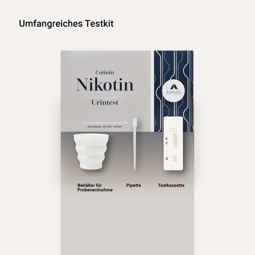 Testkit met beker, pipet en testcassette. Tekst Cotinine Nicotine Urinetest. ASPILOS-logo.
