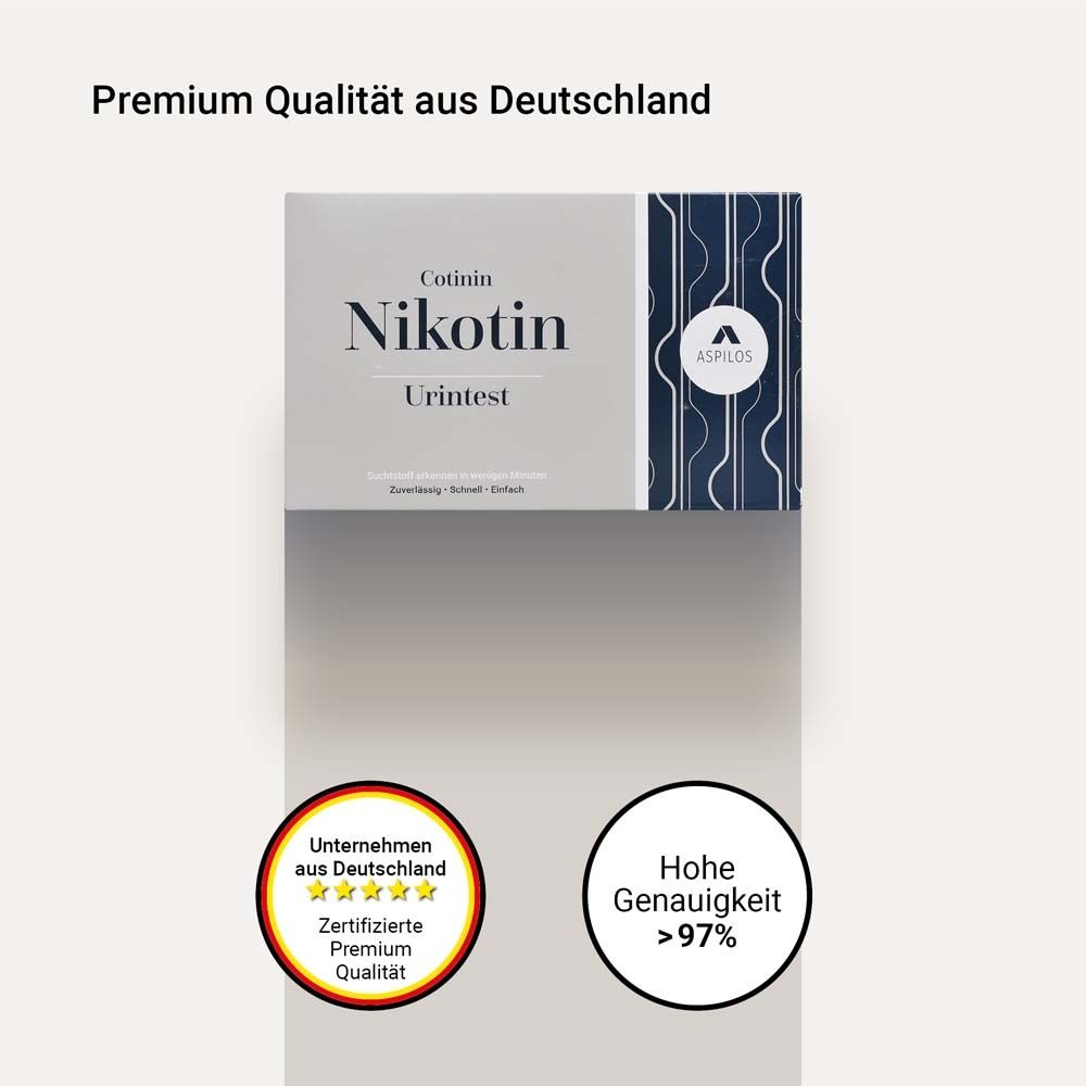 Doos met tekst Cotinine Nicotine Urinetest. ASPILOS-logo. Premium kwaliteit. Hoge nauwkeurigheid >97%.