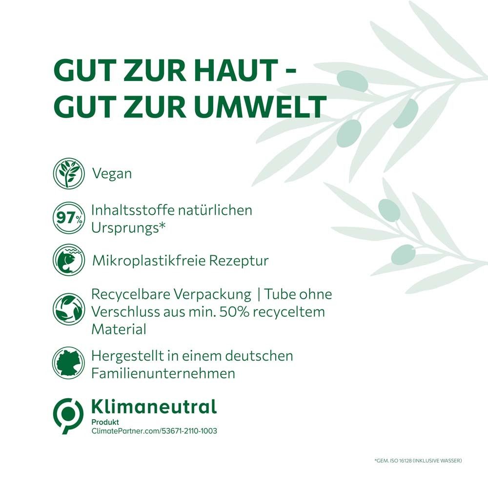 Texte: Bon pour la peau - Bon pour l'environnement. Logos: Vegan, 97% ingrédients d'origine naturelle, neutre pour le climat, emballage recyclable.