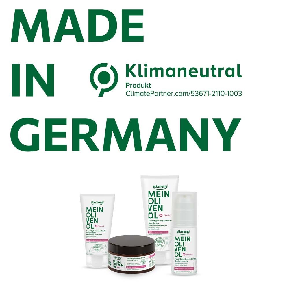Texte: Fabriqué en Allemagne. Produits: Crème pour les mains MEIN OLIVENÖL, Crème, Lotion. Produit neutre pour le climat.