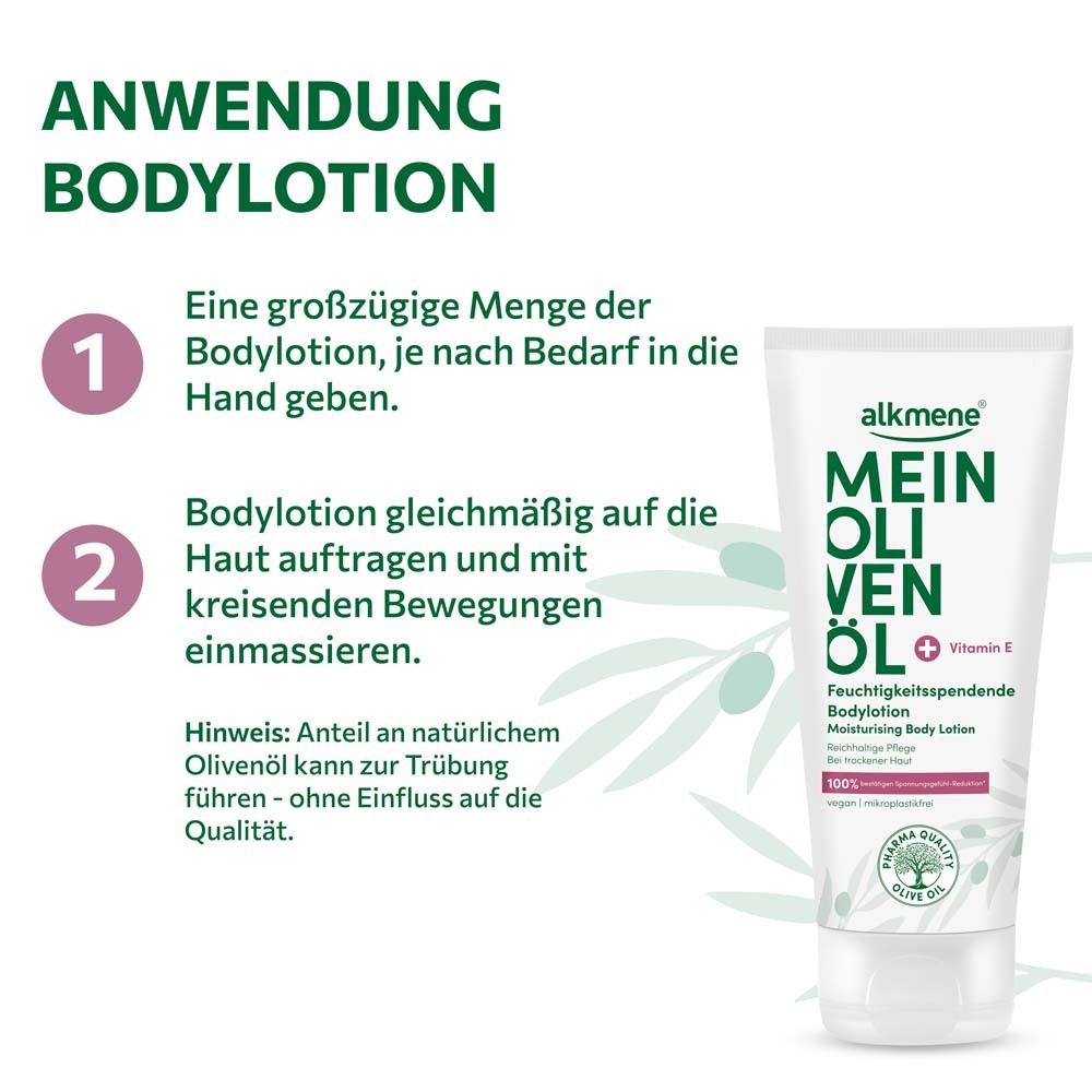 Application de la lotion pour le corps. Texte: 1. Mettre une quantité généreuse dans la main. 2. Appliquer et masser la lotion pour le corps. Tube avec produit.