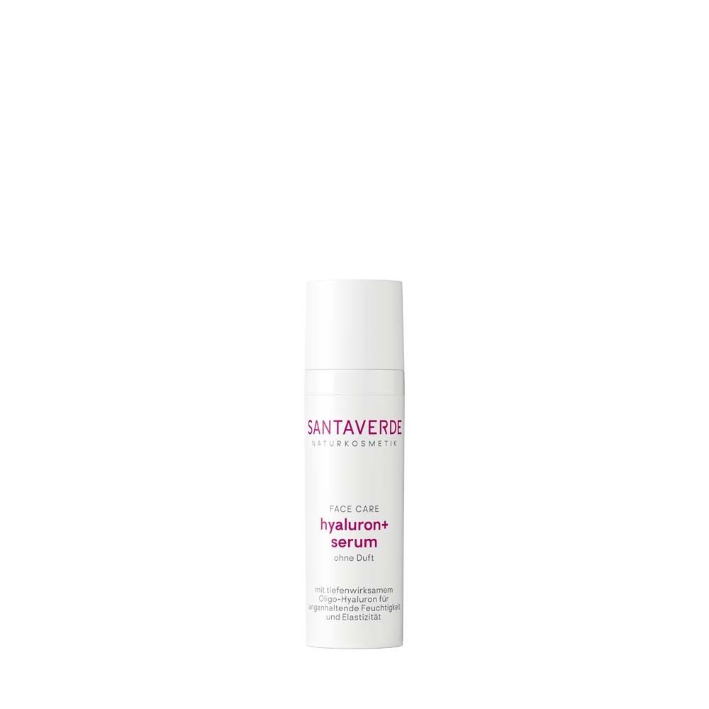 Flacon blanc avec inscription SANTAVERDE NATURKOSMETIK. Face Care Hyaluron+ Serum.