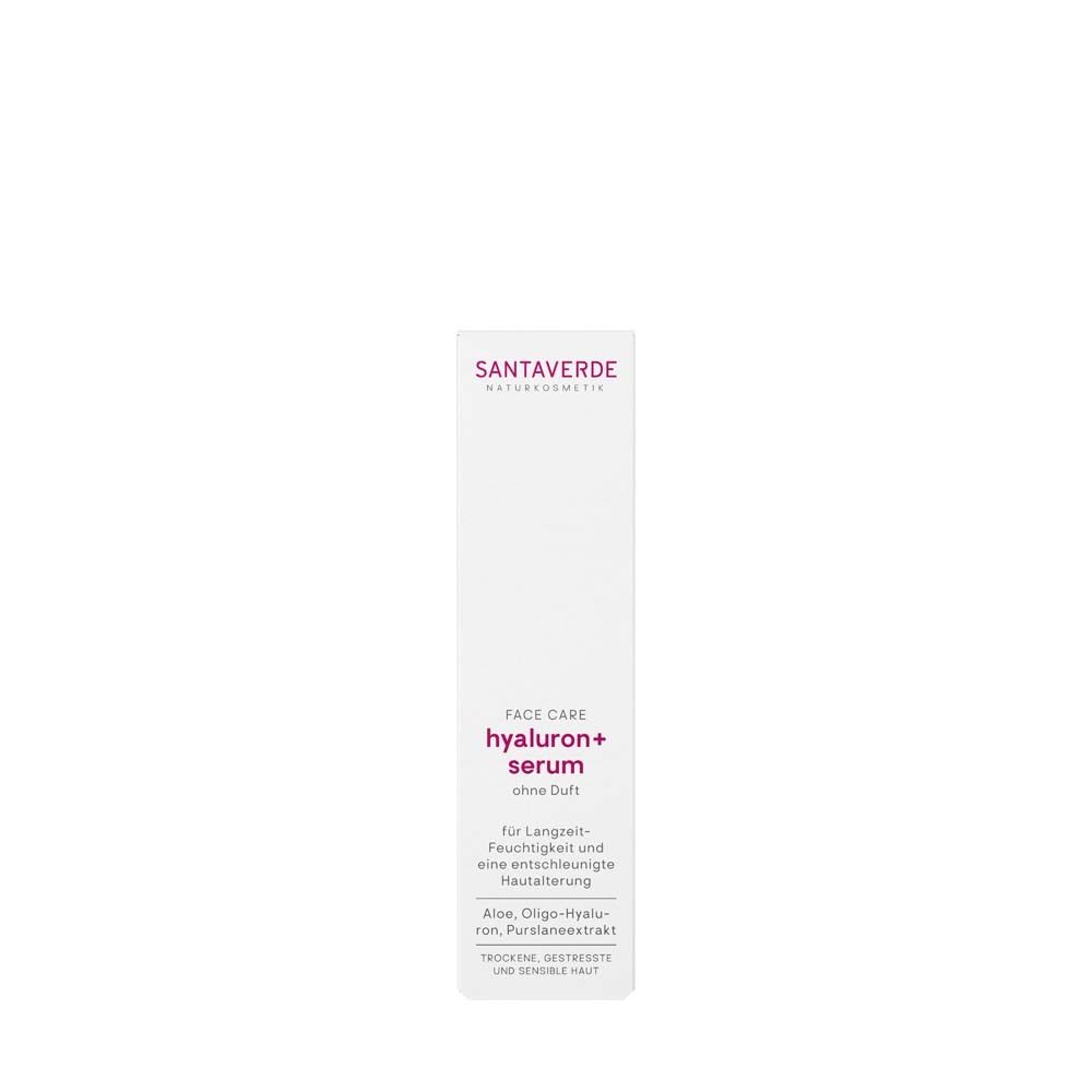 Emballage blanc pour le sérum Hyaluron+ de SANTAVERDE. Contient de l'aloe, de l'oligo-hyaluron et de l'extrait de figuier de Barbarie.