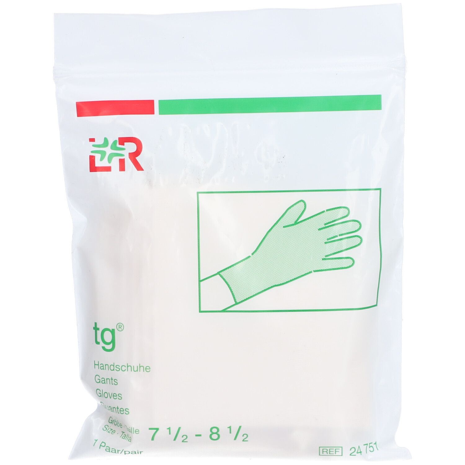 Verpakking met handschoenen. Opschrift: tg, handschoenen, maat 7 1/2 - 8 1/2. Illustratie van een hand.