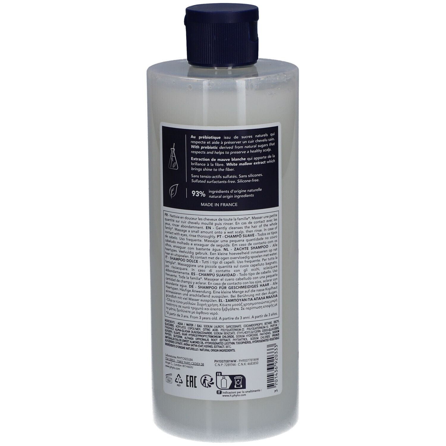 Bouteille transparente avec bouchon bleu foncé, contenant un shampooing clair. Contient 93% d'ingrédients d'origine naturelle.