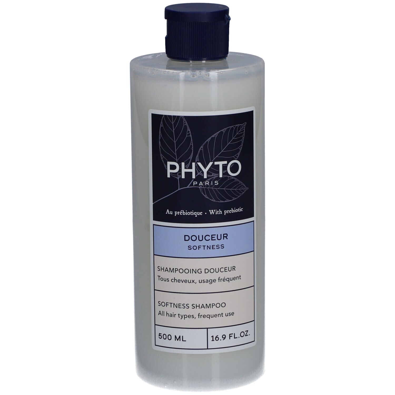 Bouteille Phyto Paris de 500 ml de shampooing douceur pour tous types de cheveux.